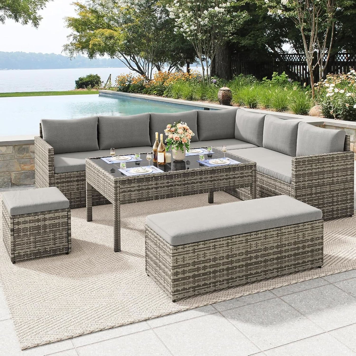 L Shaped Sectional Sofa Set With Lift Top Table Gray from PriceLows™