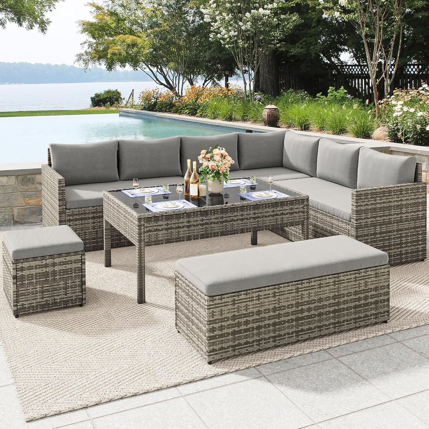 L Shaped Sectional Sofa Set With Lift Top Table Gray from PriceLows™