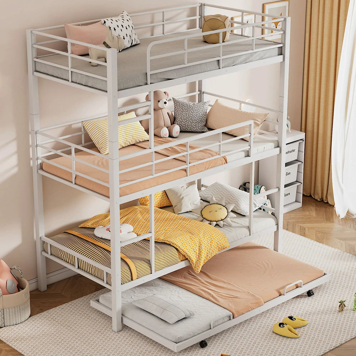 Triple Bunk Bed | Heavy Duty Steel | Built In Trundle | Full Guardrails