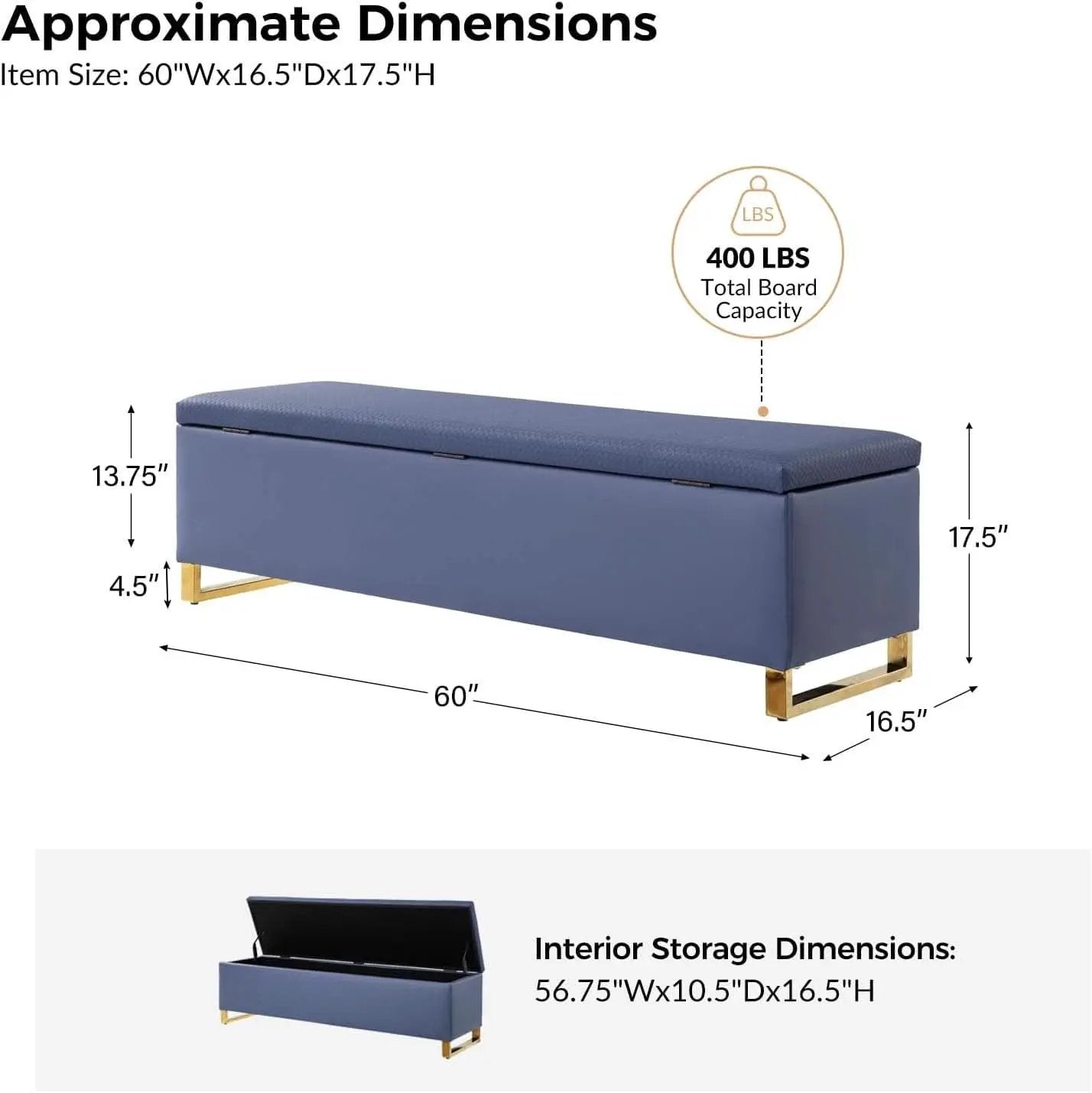 Navy Upholstered Storage Ottoman Bench With Hideaway from PriceLows™