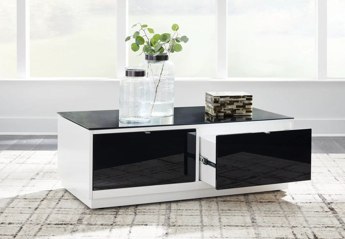 Gardoni Rectangular Cocktail Table | White And Black | Two Drawers | 47.25 Inch Width