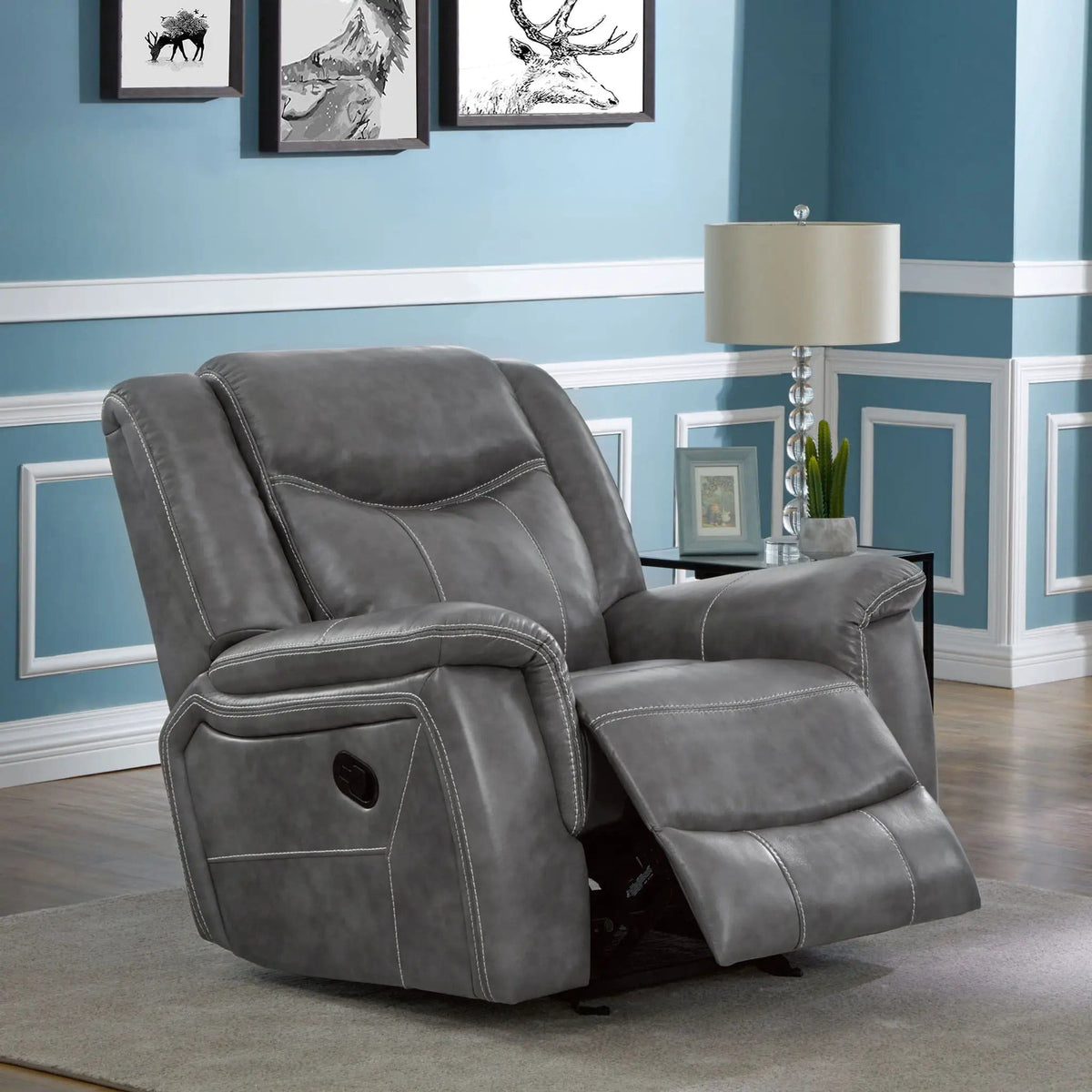 Conrad Upholstered Padded Arm Glider Recliner Reclining Chair | 42 x 41 x 40 in | Faux Leather | Grey