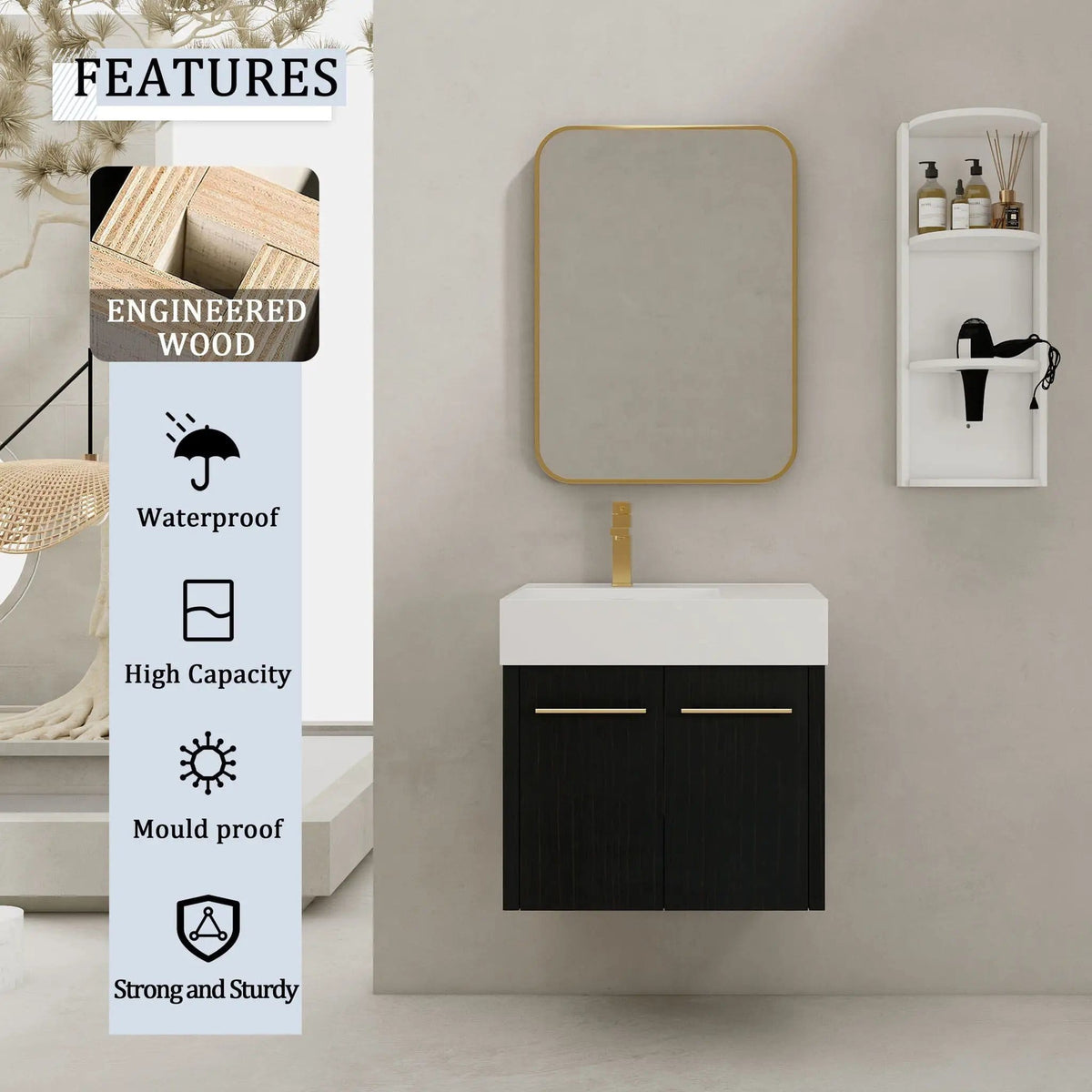Modern Wall Mounted Bathroom Vanity With Thick Edge Resin Sink And Storage Rack | 3 Pieces | Stainless Steel & Plywood | Bathroom