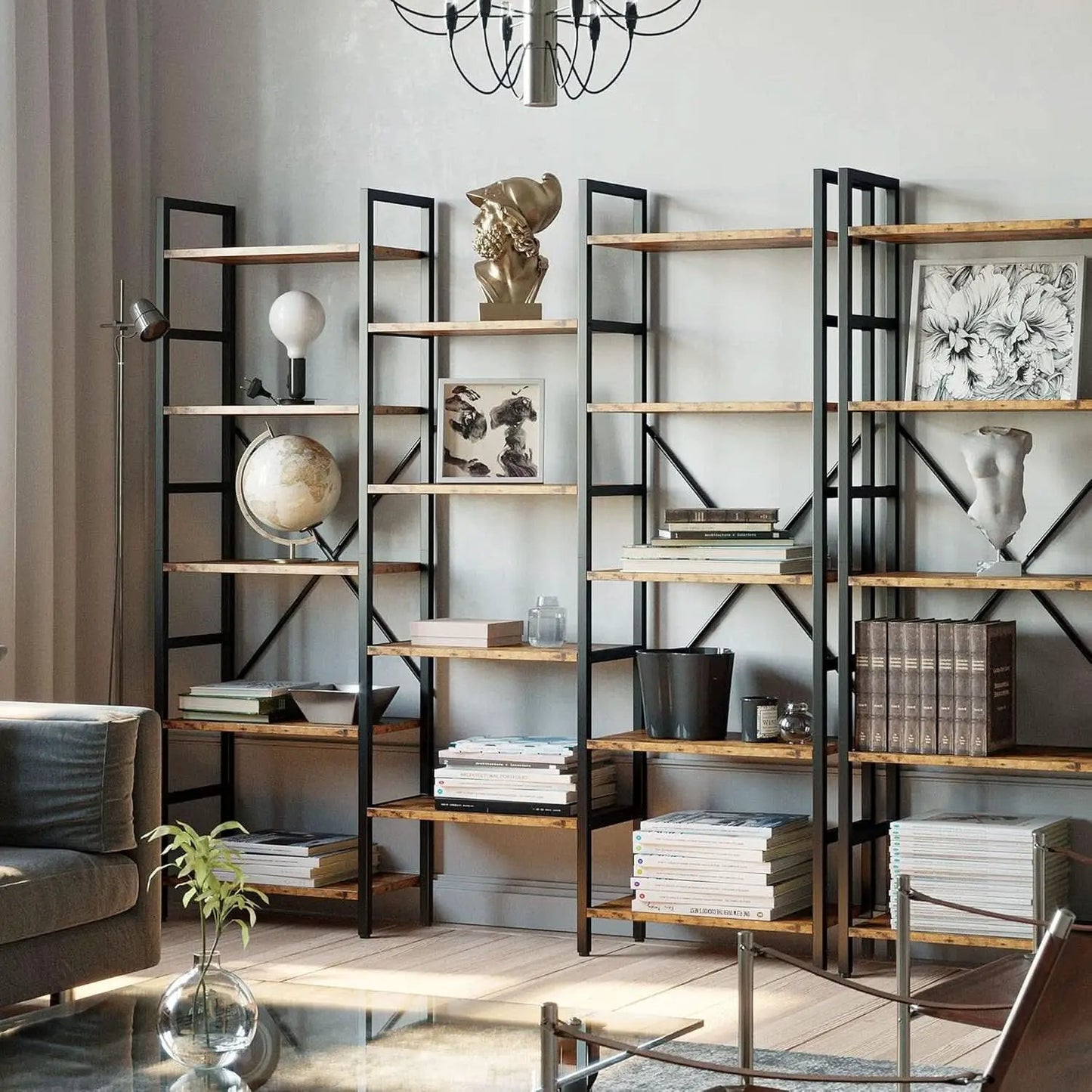 Triple Wide 5 Tier Industrial Bookshelf Matte Black from PriceLows™