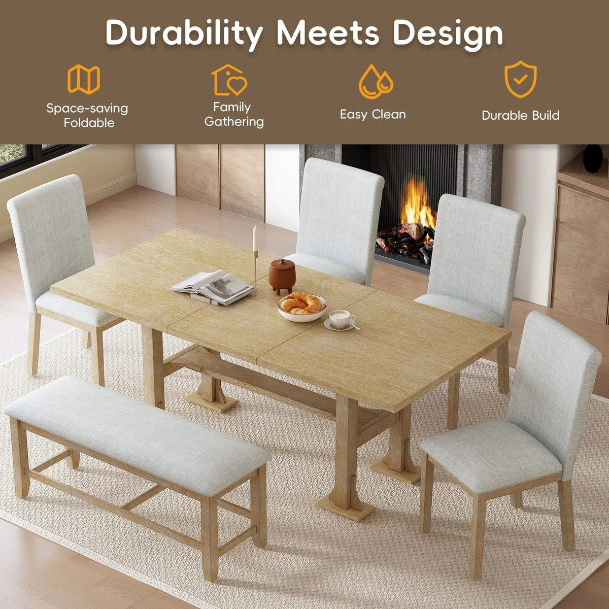 Farmhouse Dining Table Set | Solid Wood | Removable Leaf | 6 Piece