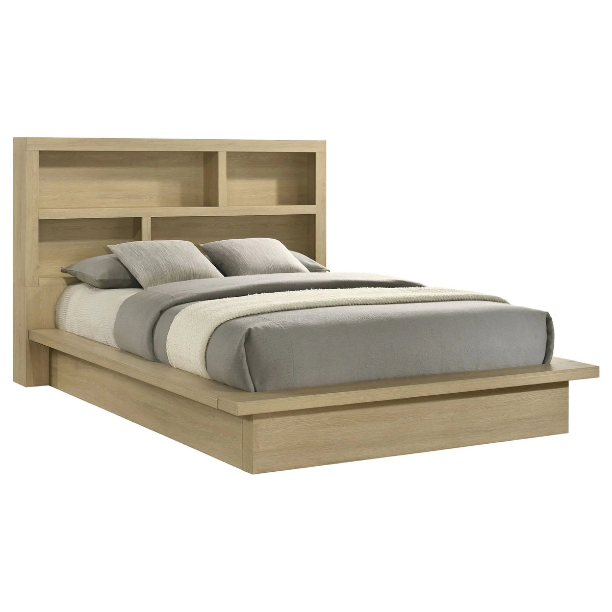 Hendricks Queen Bookcase Headboard Platform Bed | 73.5 x 96.25 x 51.5 in | Engineered Wood & Veneer | Light Oak