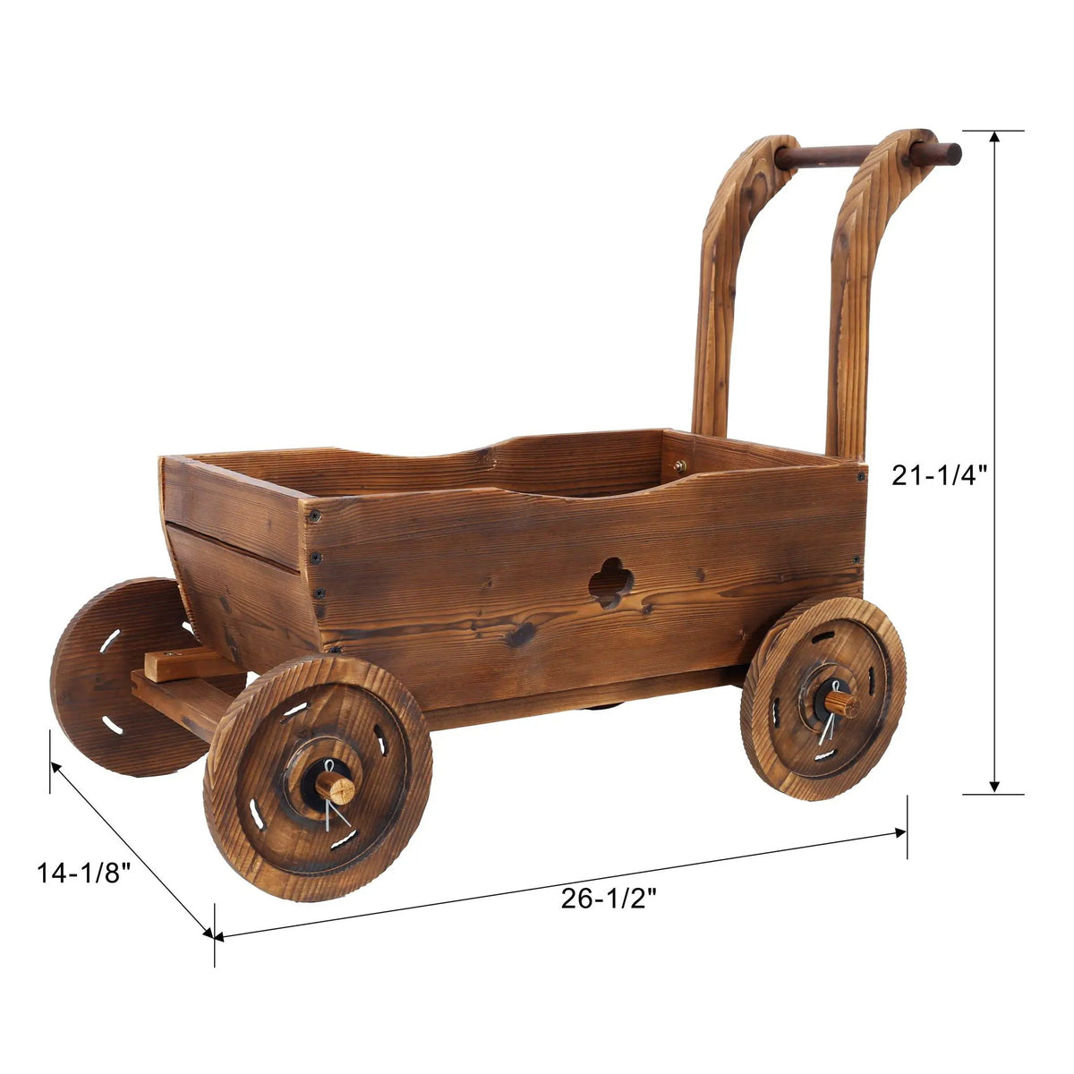 Wooden Wagon Planter Box | Four Sturdy Wheels | Ergonomic Handle | Brown