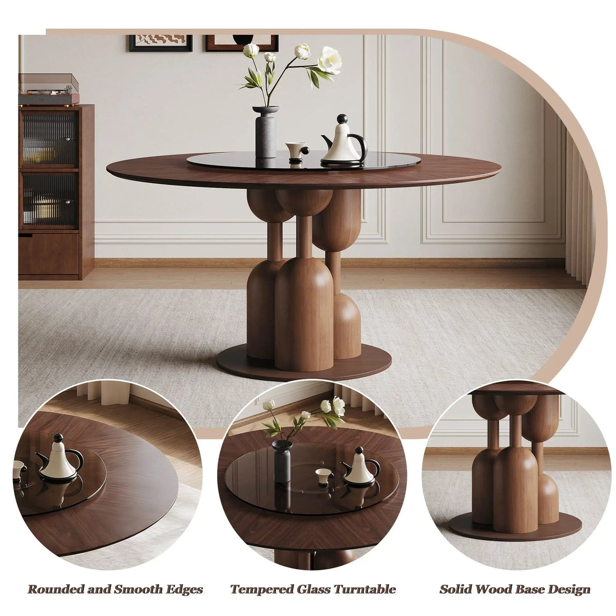 Round Dining Table With Lazy Susan For Living Room - | 59 x 59 x 29.5 in | Walnut & Wood | Walnut