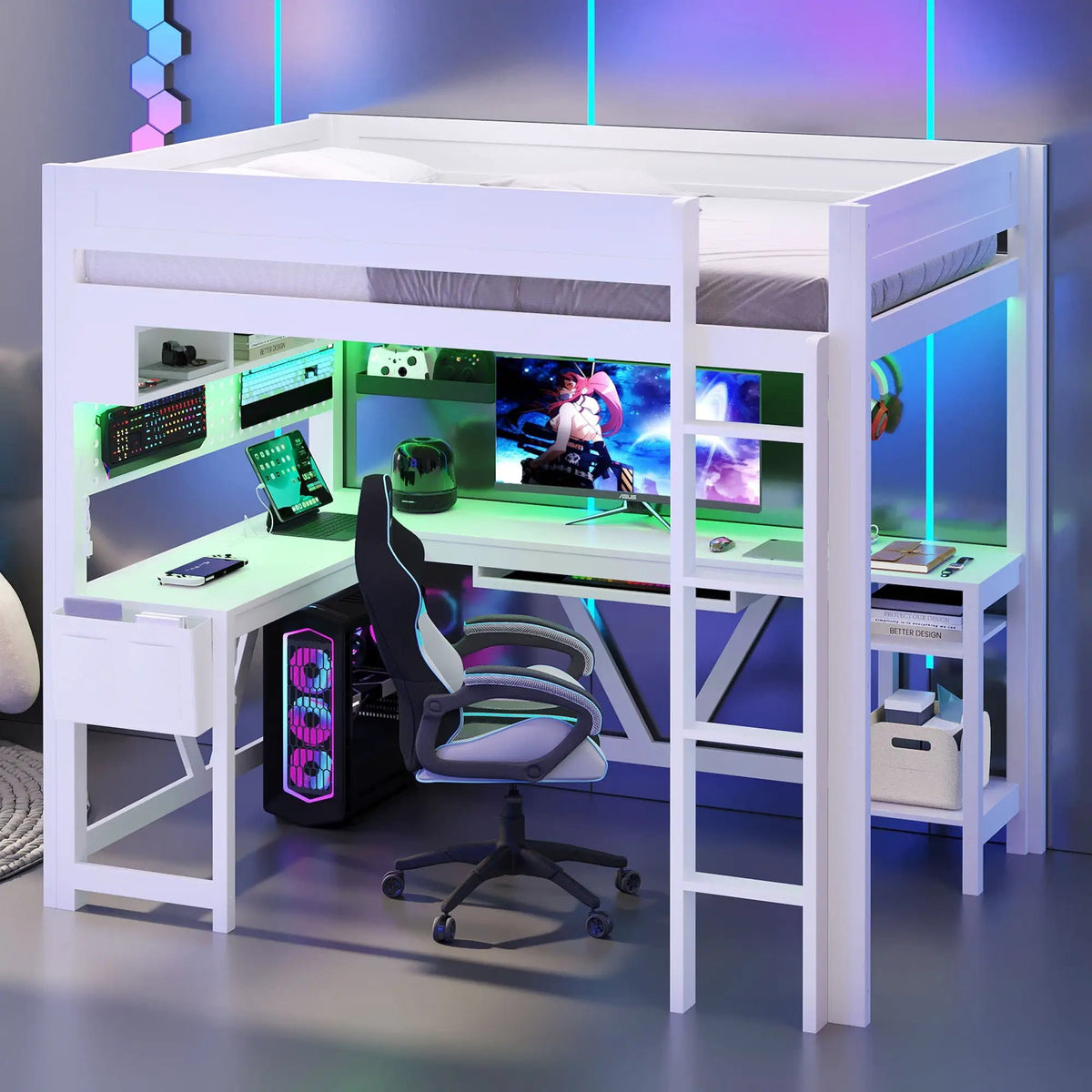 Gaming Loft Bed With Desk | Open Shelf And Fabric Storage Bag | Adjustable LED | Charging Station