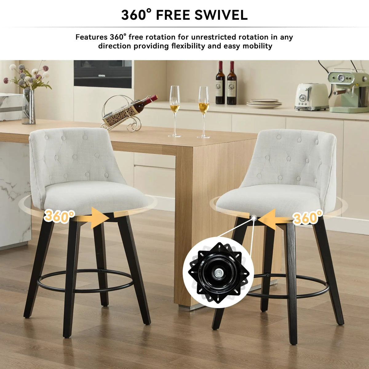 Swivel Bar Stools | Set Of 2 | Button Tufted Back | 360 Degree Silent Swivel