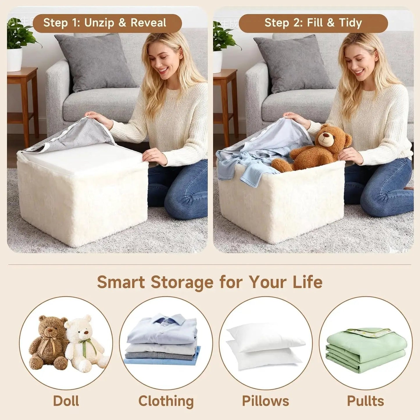 Cream Square Luxurious Upholstered Foam Pouf Ottoman from PriceLows™
