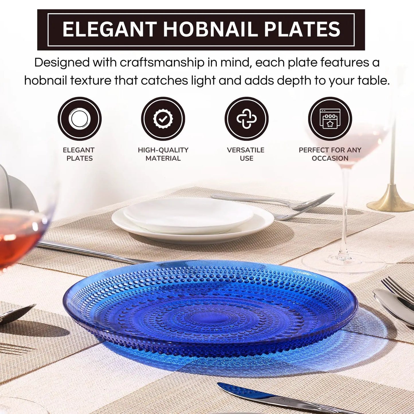 Glass Hobnail Dinner or Charger Plates | Set of 4 | Dark Blue from PriceLows™