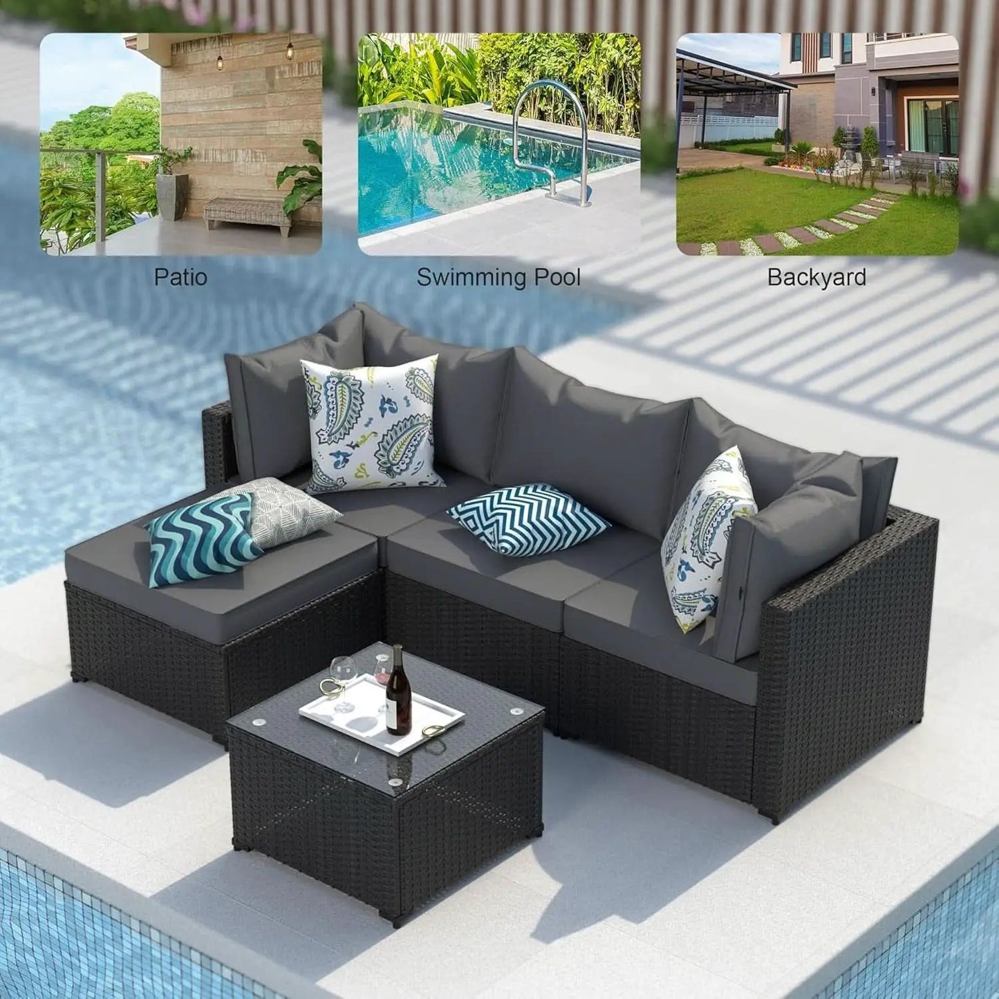 Grey 5 Piece Outdoor Patio Sectional Set With Ottoman from PriceLows™
