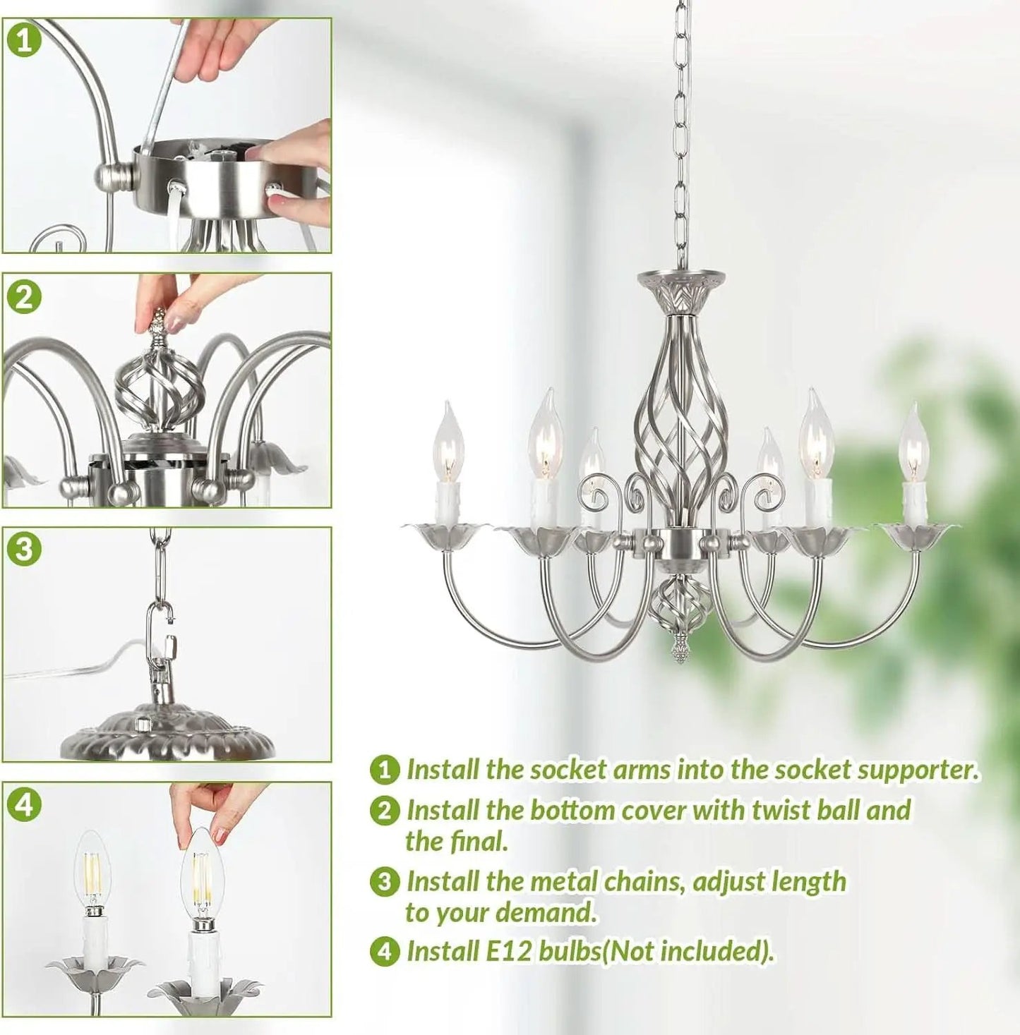 6-Light Rustic Farmhouse Candle Chandelier, Brushed Nickel from PriceLows™