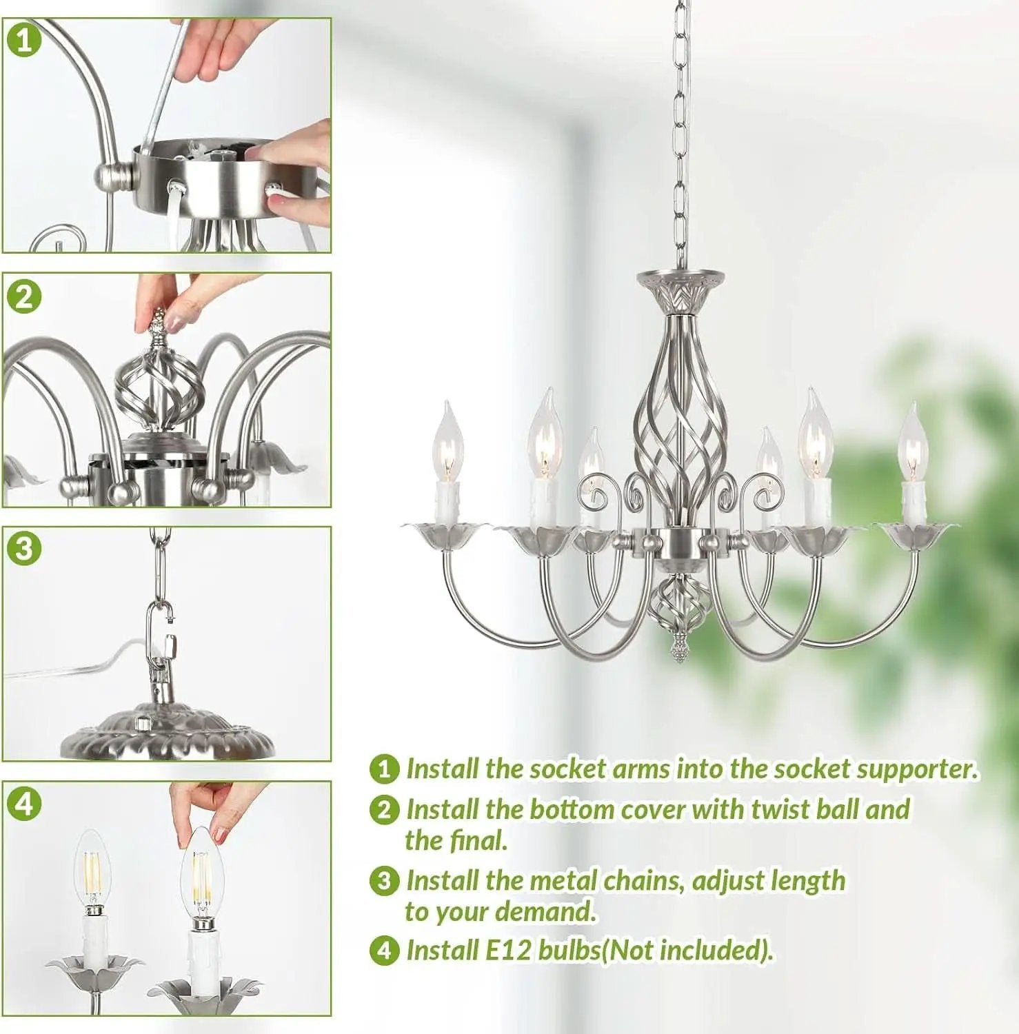 6-Light Rustic Farmhouse Candle Chandelier, Brushed Nickel from PriceLows™