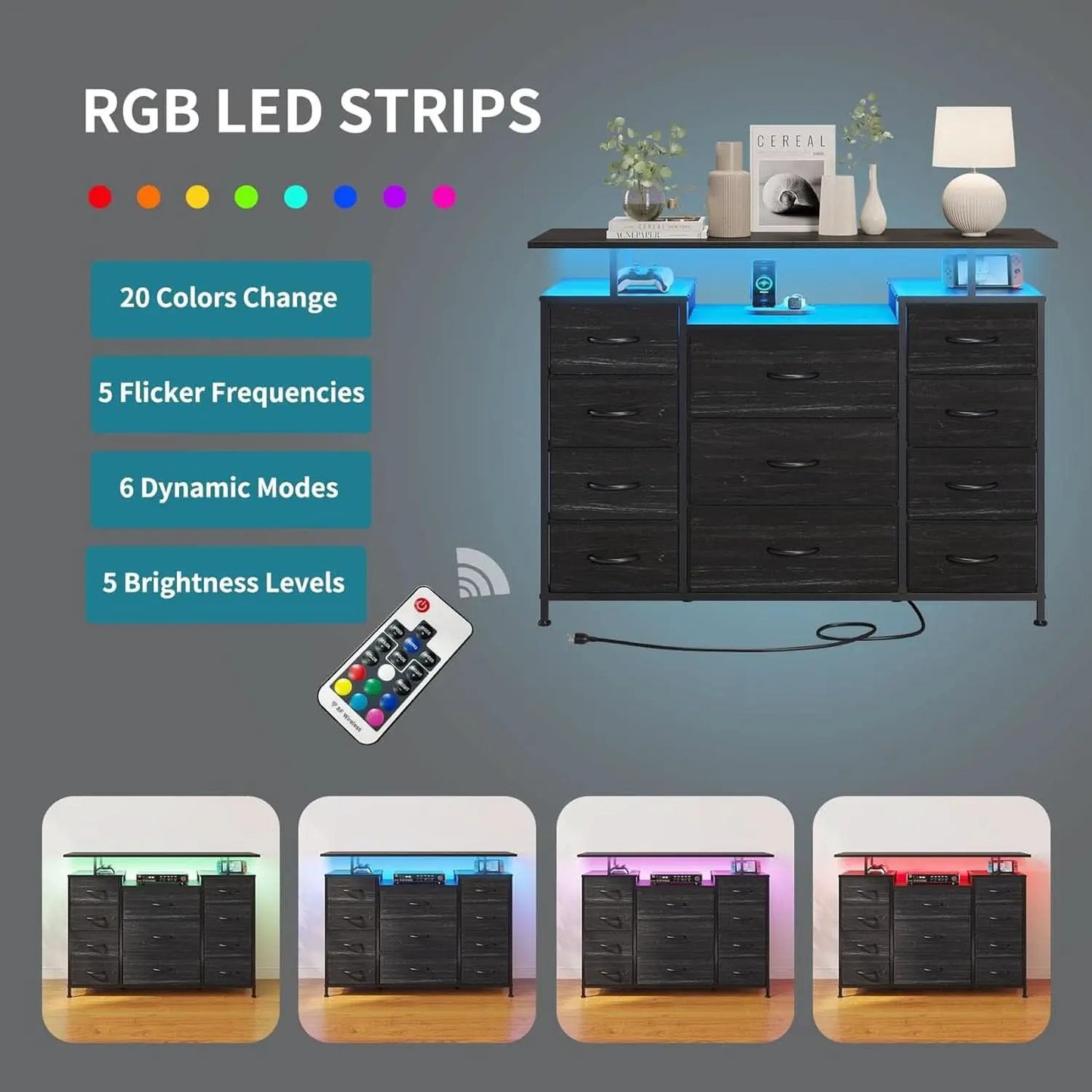 11 Drawer Dresser With Fabric Drawers, Charging Station, LED Lights And Shelves, Black Wood Veins from PriceLows™