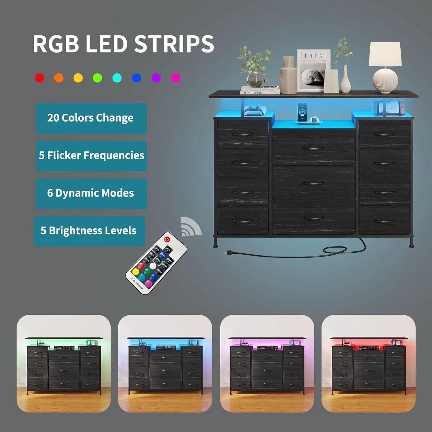 11 Drawer Dresser With Fabric Drawers, Charging Station, LED Lights And Shelves, Black Wood Veins from PriceLows™