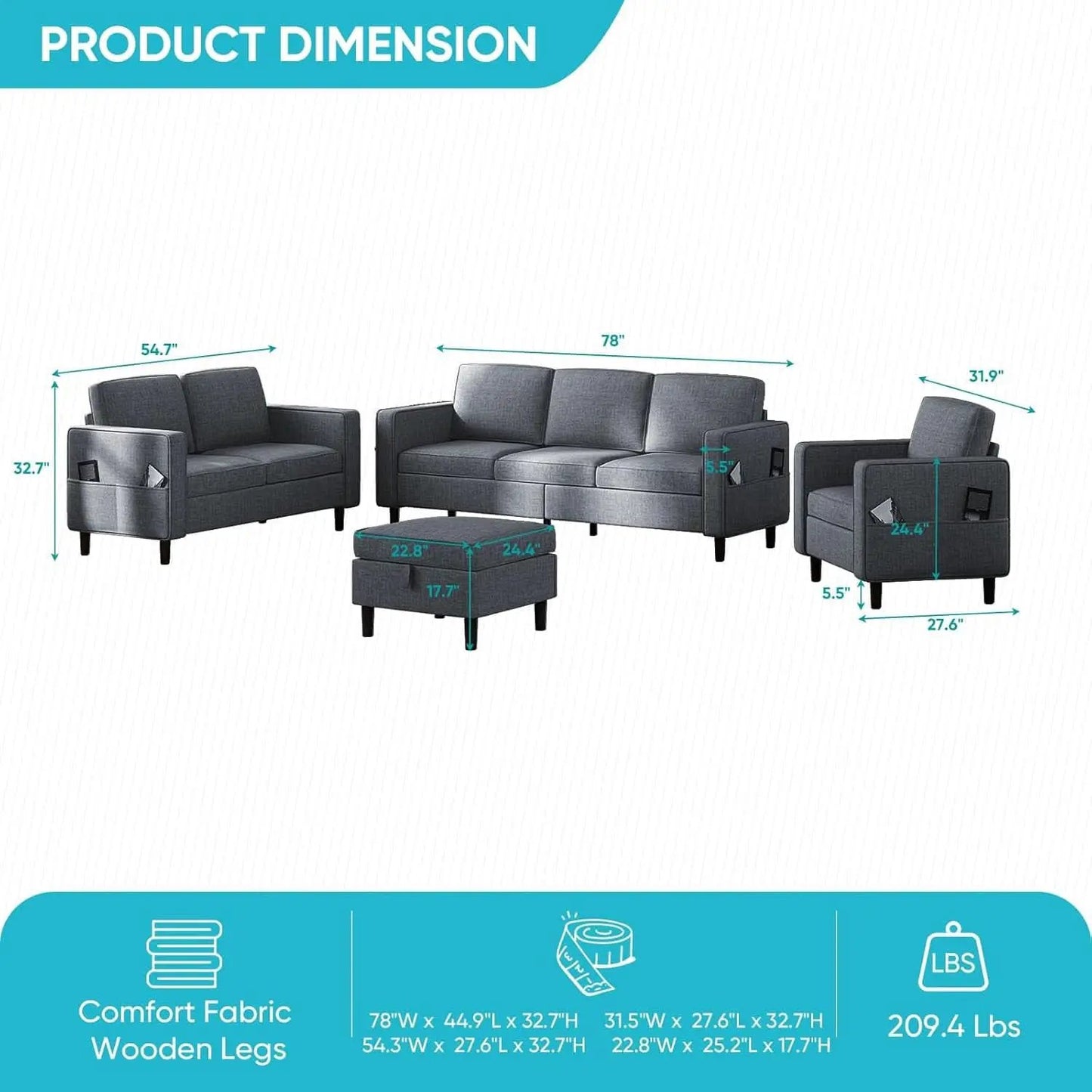 6 Seater Sectional Sofa In Dark Grey Linen With Ottoman from PriceLows™