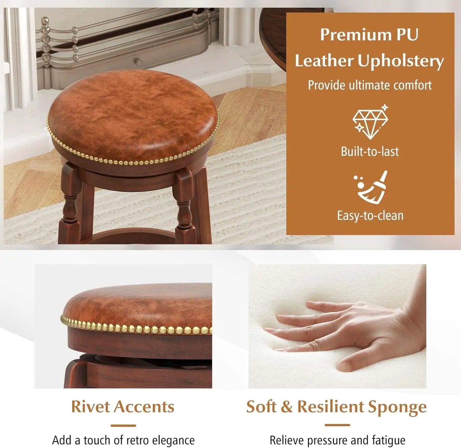 24 Inch Swivel Bar Stool Set Of 2 With Upholstered Seat And Rubber Wood Frame For Kitchen Island from PriceLows™