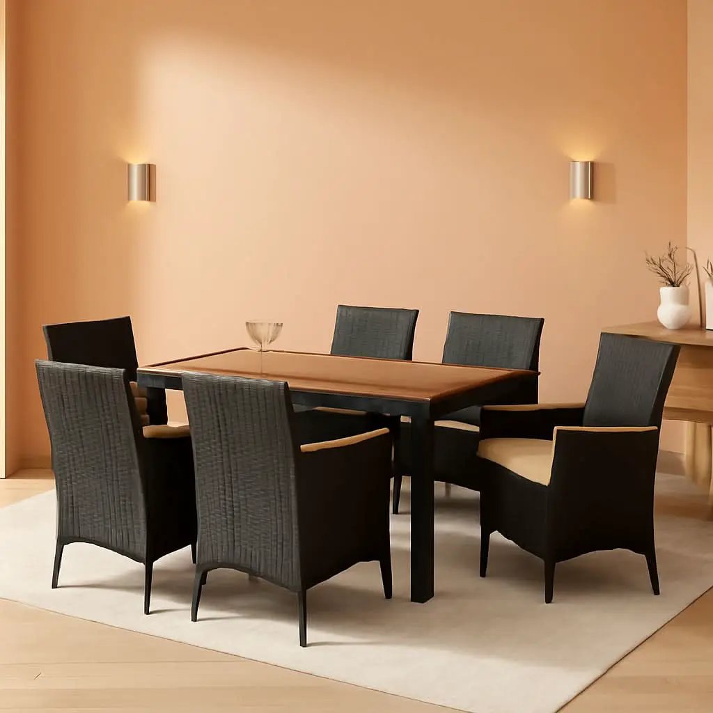 7 Piece Patio Dining Set Acacia Wood Table Black Rattan from PriceLows™