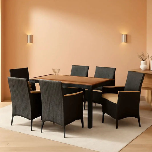7 Piece Patio Dining Set Acacia Wood Table Black Rattan from PriceLows™