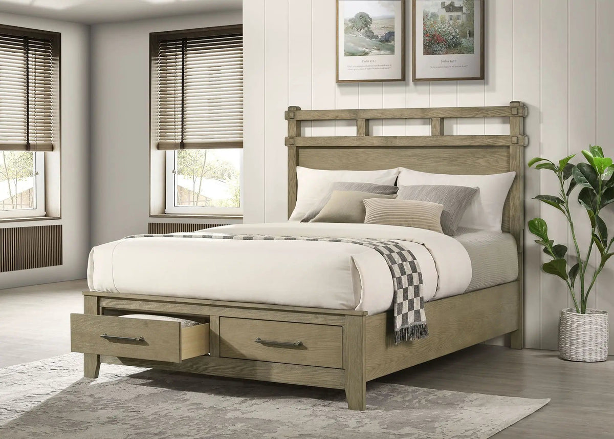 Hazlewood 59-inch Queen Panel Storage Bed Vineyard | 65.5 x 84 x 59 in | Rubberwood & Engineered Wood | Oak