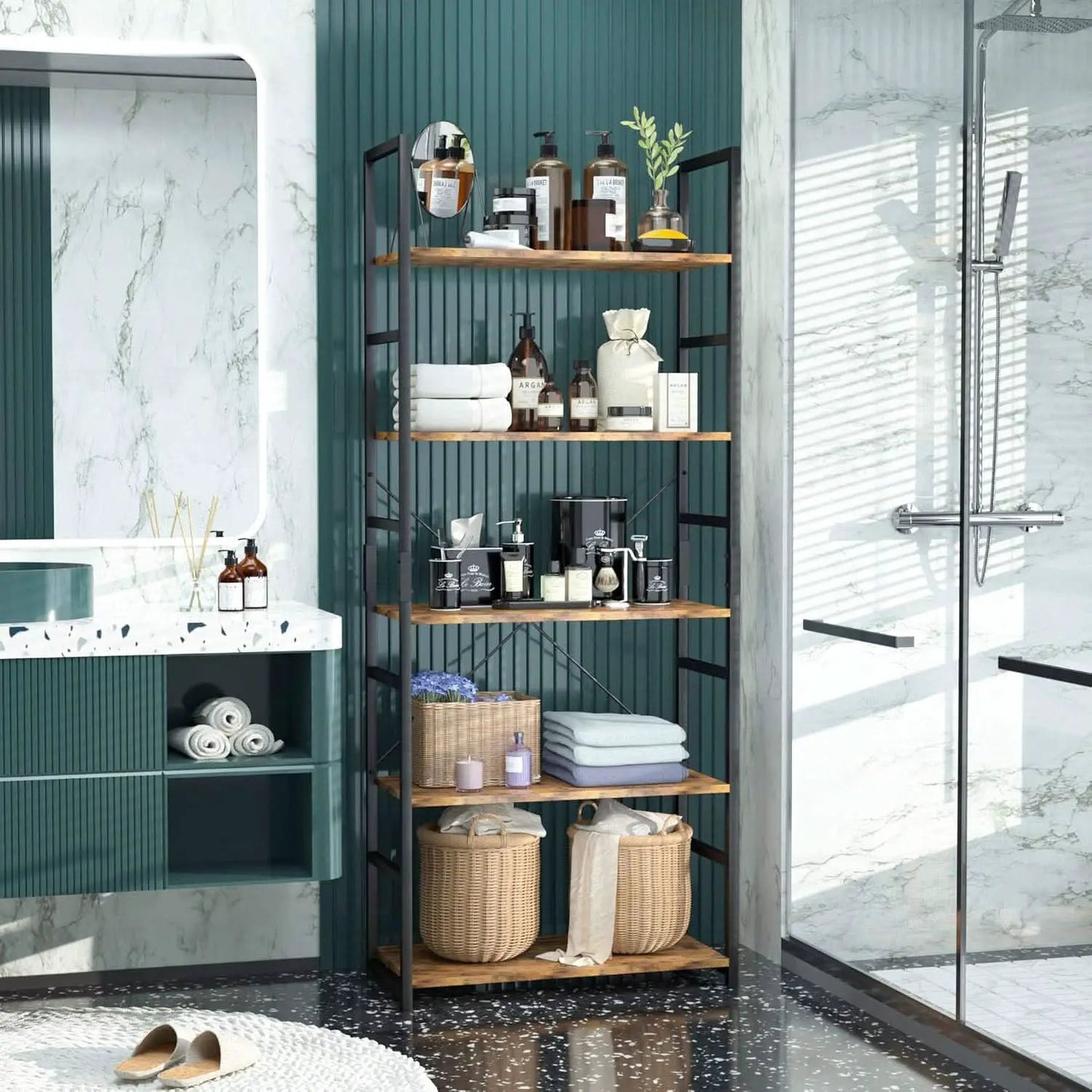 Tall 5 Shelf Vintage Bookcase With Metal Frame Storage from PriceLows™