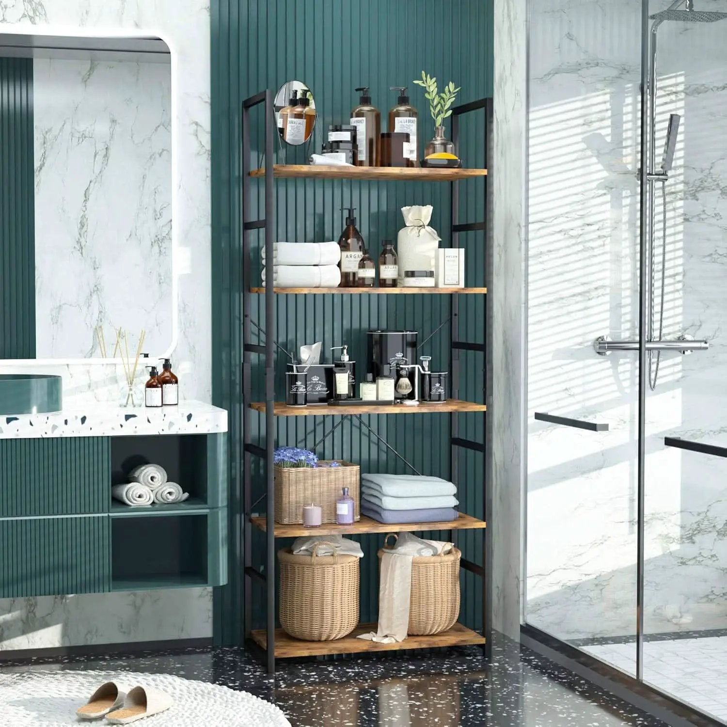 Tall 5 Shelf Vintage Bookcase With Metal Frame Storage from PriceLows™