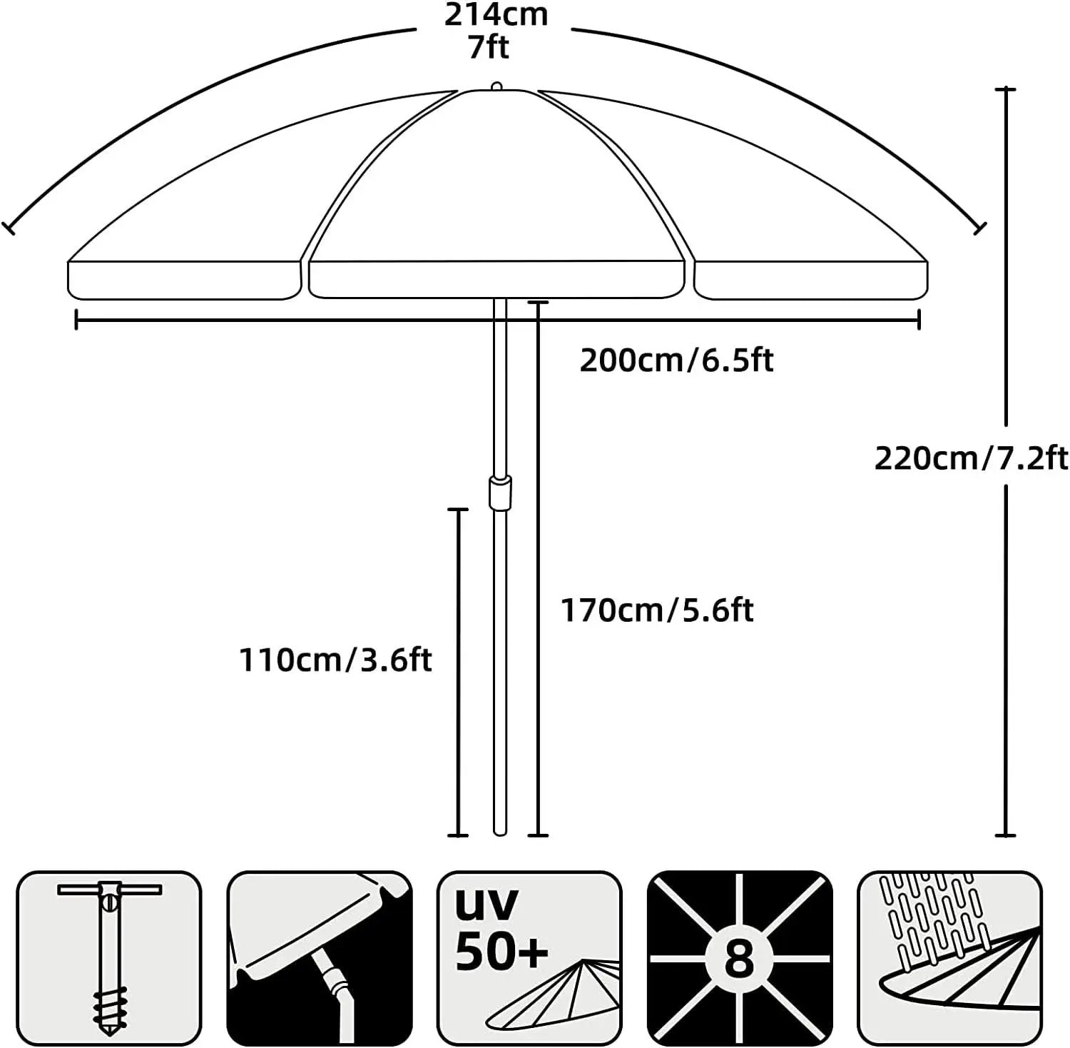 7Ft Heavy Duty Beach Umbrella UV 50 With Sand Anchor Tilt from PriceLows™