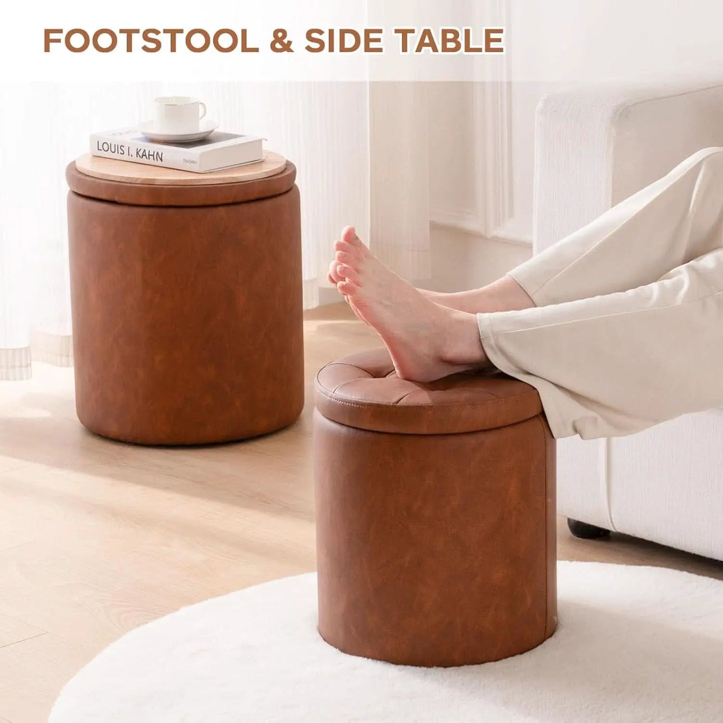 Dark Brown Faux Leather Round Storage Ottoman from PriceLows™