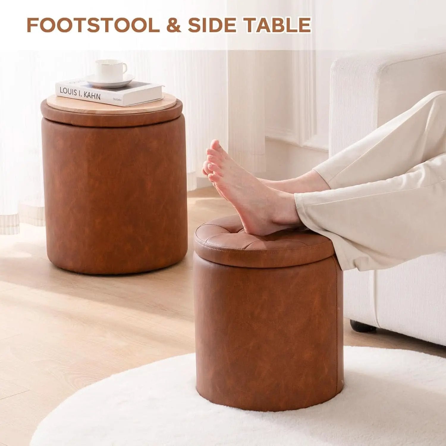 Dark Brown Faux Leather Round Storage Ottoman from PriceLows™