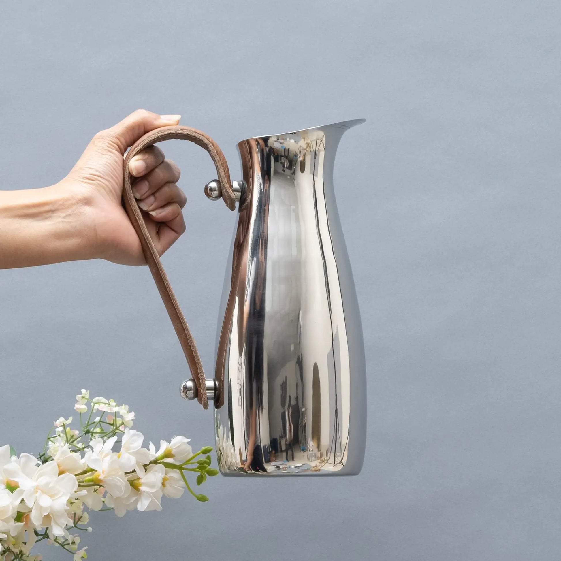Silver Stainless Steel Water Pitcher, Leather Handle from PriceLows™