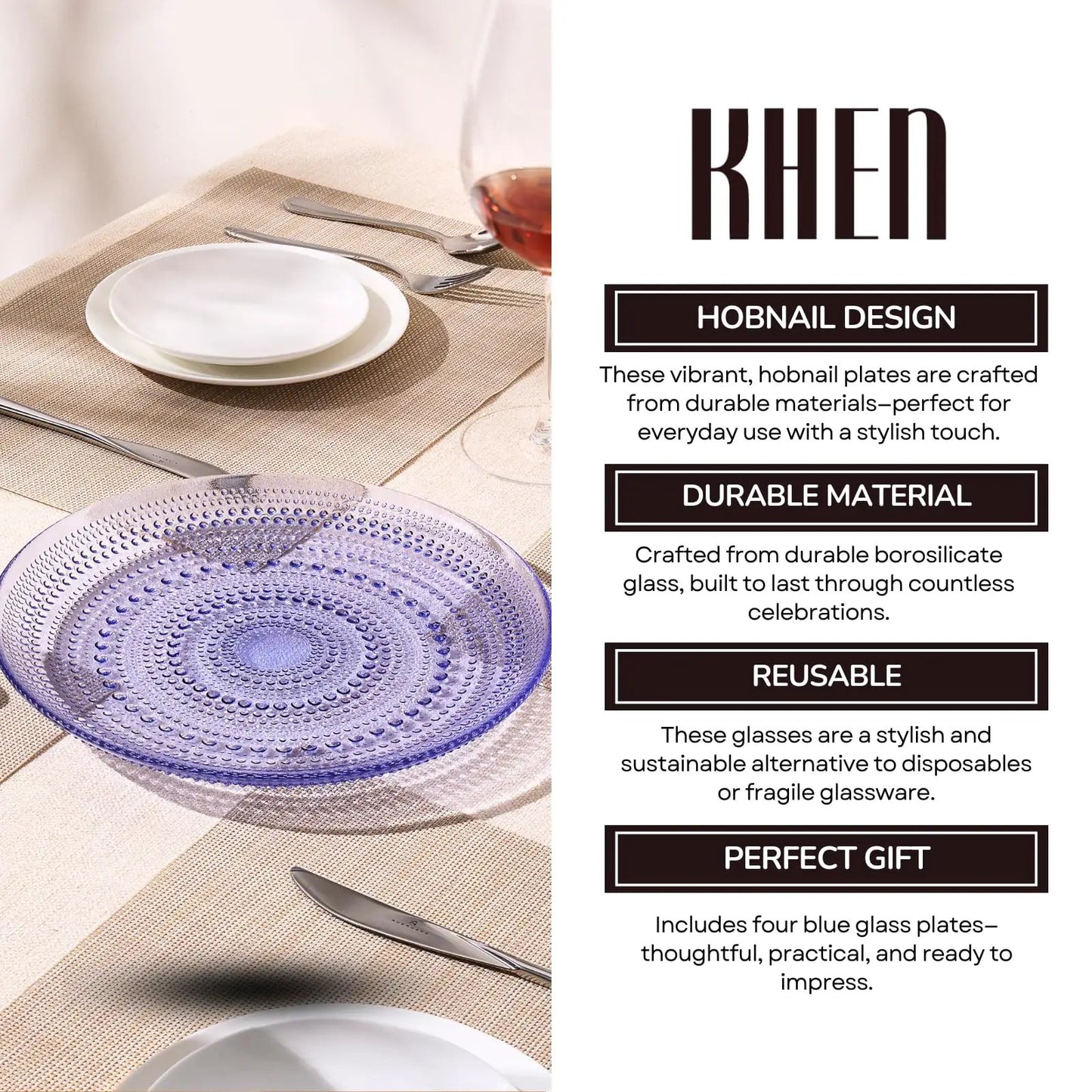 Glass Hobnail Dinner or Charger Plates | Set of 4 | Blue from PriceLows™