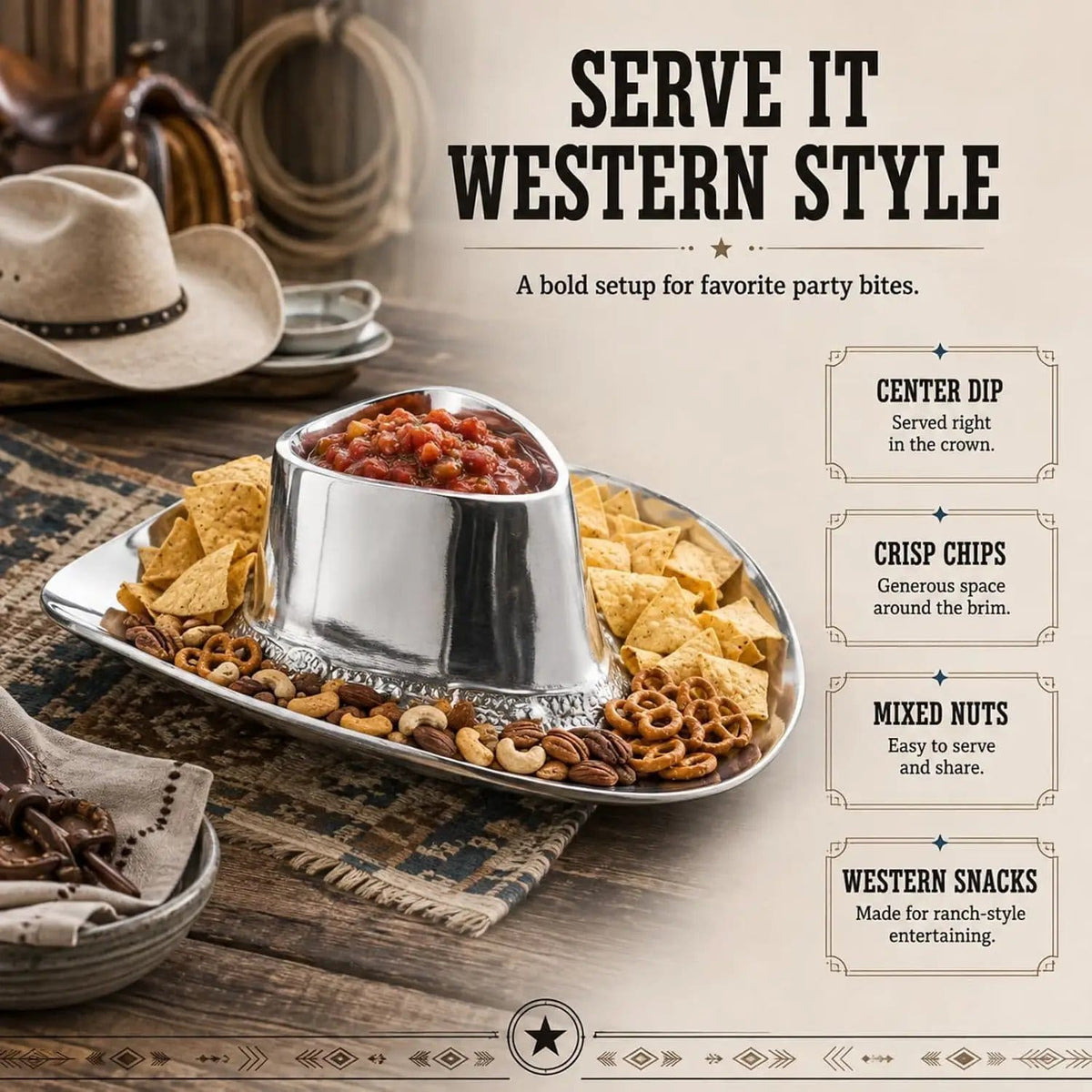 Cowboy Hat Chip and Dip Serving Bowl Silver Brass Snack | Brass | Home Decor | Gift Ready