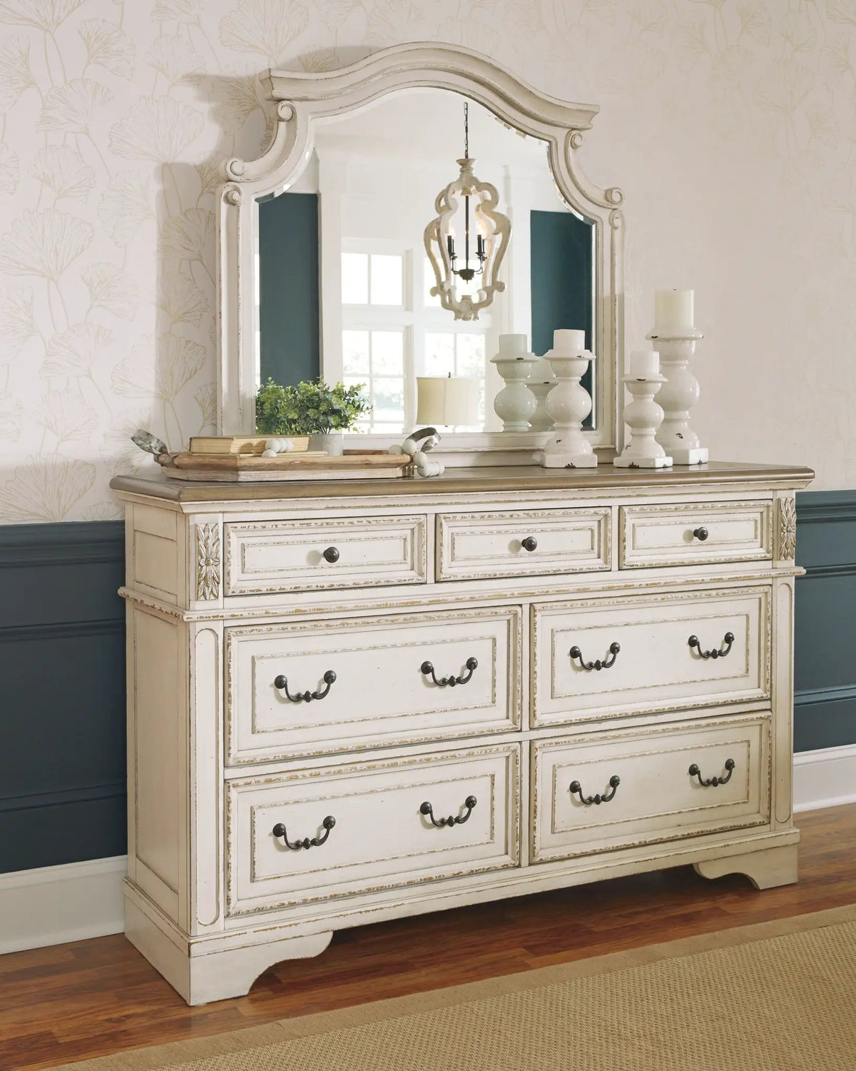 Realyn Dresser | Traditional Cottage Style | Antiqued Two-Tone Finish | Chipped White