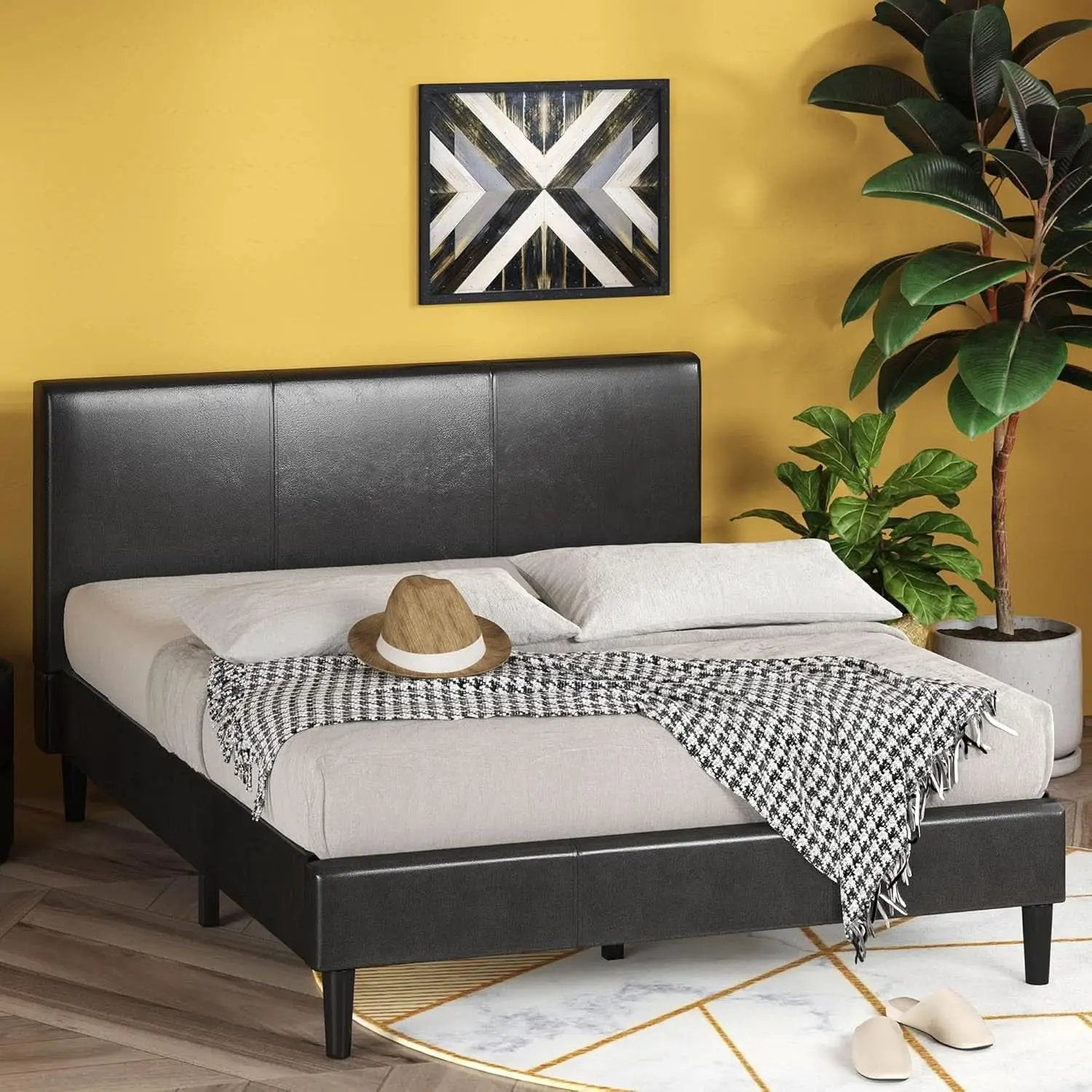 Queen Faux Leather Platform Bed Frame With Wood Slats from PriceLows™
