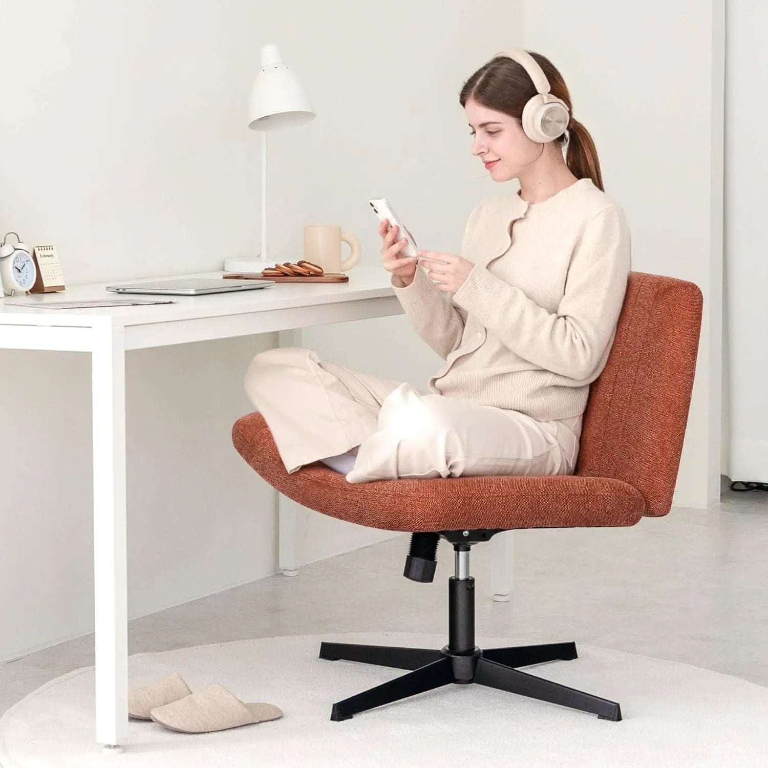Cross Legged Office Desk Chair Brown Fabric Adjustable from PriceLows™