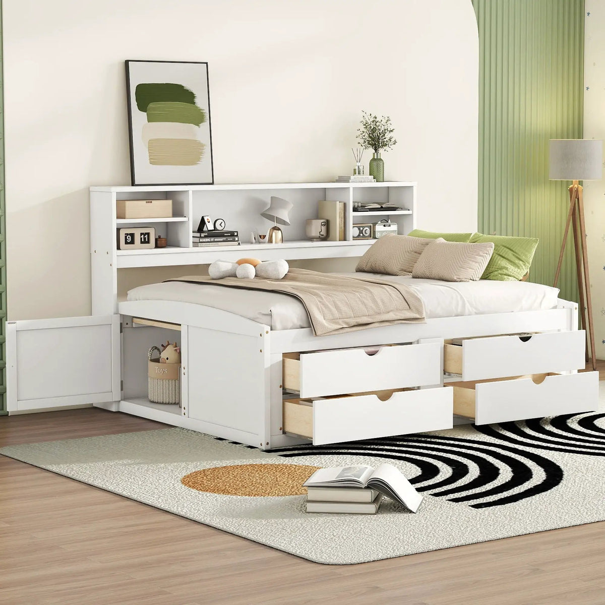 Daybed With Storage | 2 Bedside Cabinets | Upper Shelves | 4 Drawers