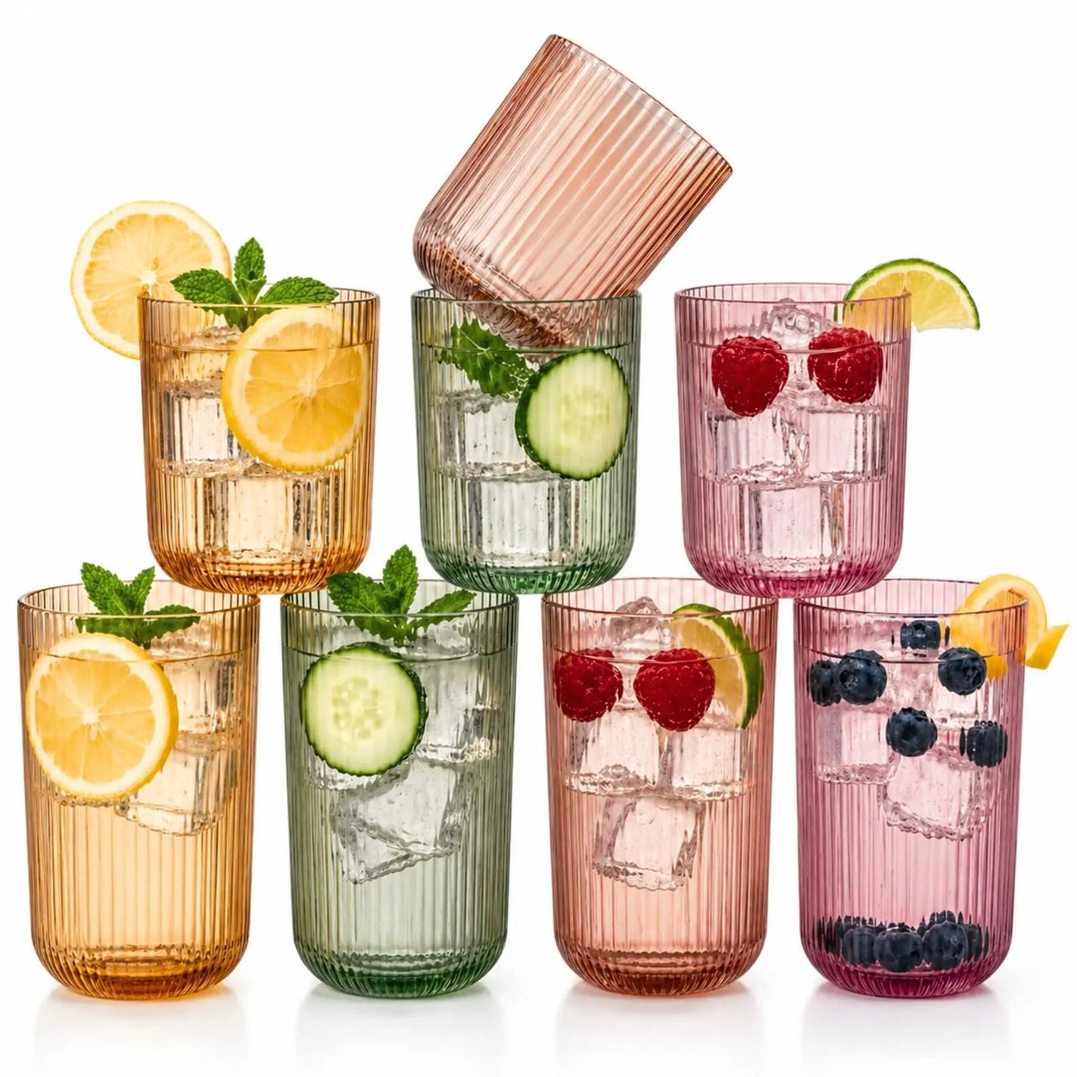 Ribbed Glasses - 4 Highball Glasses & 4 Lowball | 12.85 oz | Set of 8 | Drinkware Set