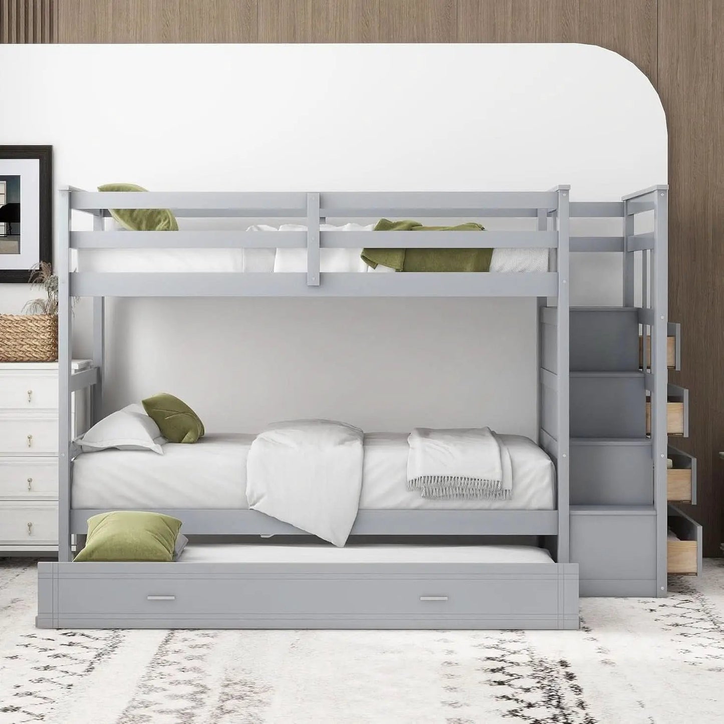Natural Gray Twin Bunk Bed With Trundle And Stairs from PriceLows™