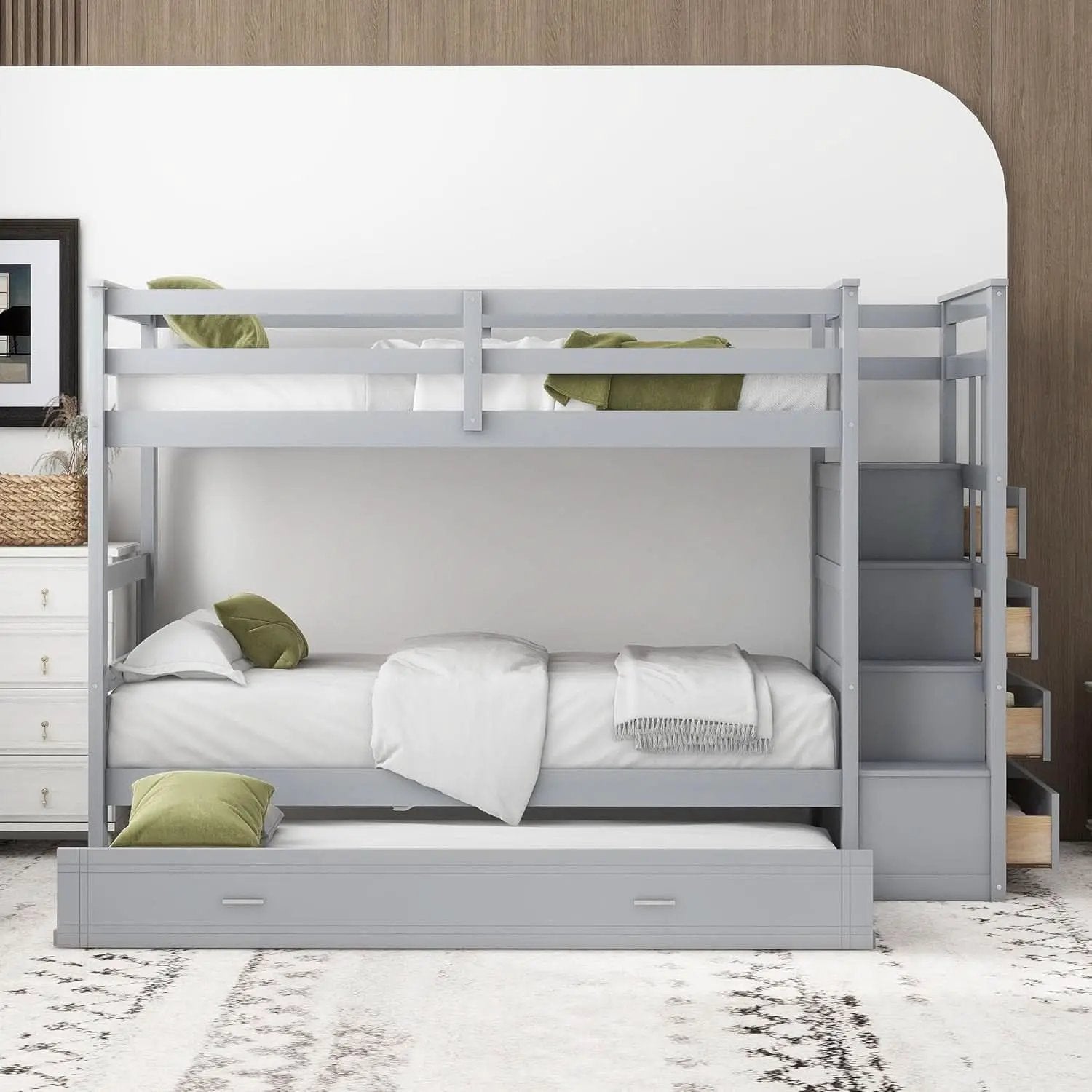 Natural Gray Twin Bunk Bed With Trundle And Stairs from PriceLows™