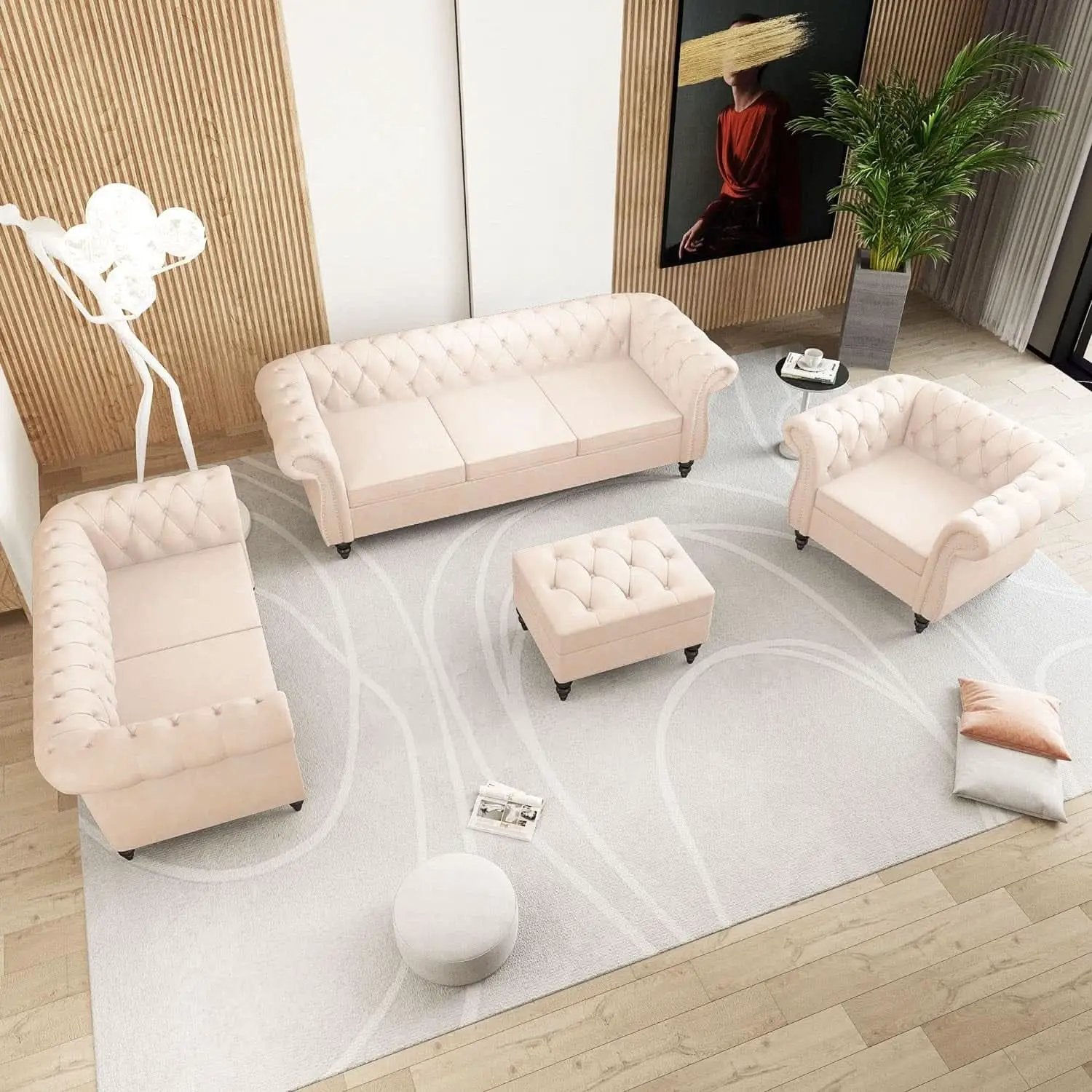 Beige Velvet 3 Piece Living Room Set With Chesterfield Sectional Sofa And Loveseat from PriceLows™