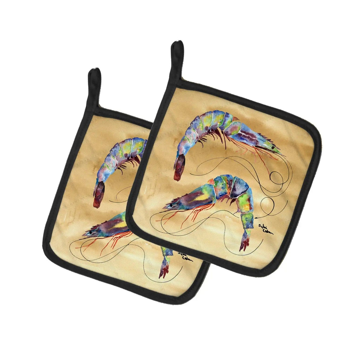 Pot Holder Set of 2 | Heat Resistant Quilted Hot Pads | 7.5 x 7.5 Inch | Shrimp Sandy Beach