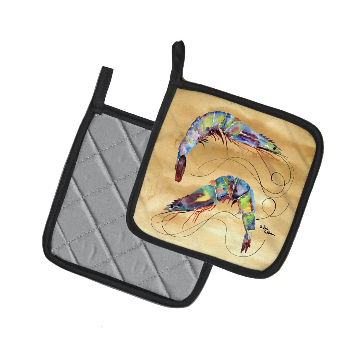 Pot Holder Set of 2 | Heat Resistant Quilted Hot Pads | 7.5 x 7.5 Inch | Shrimp Sandy Beach