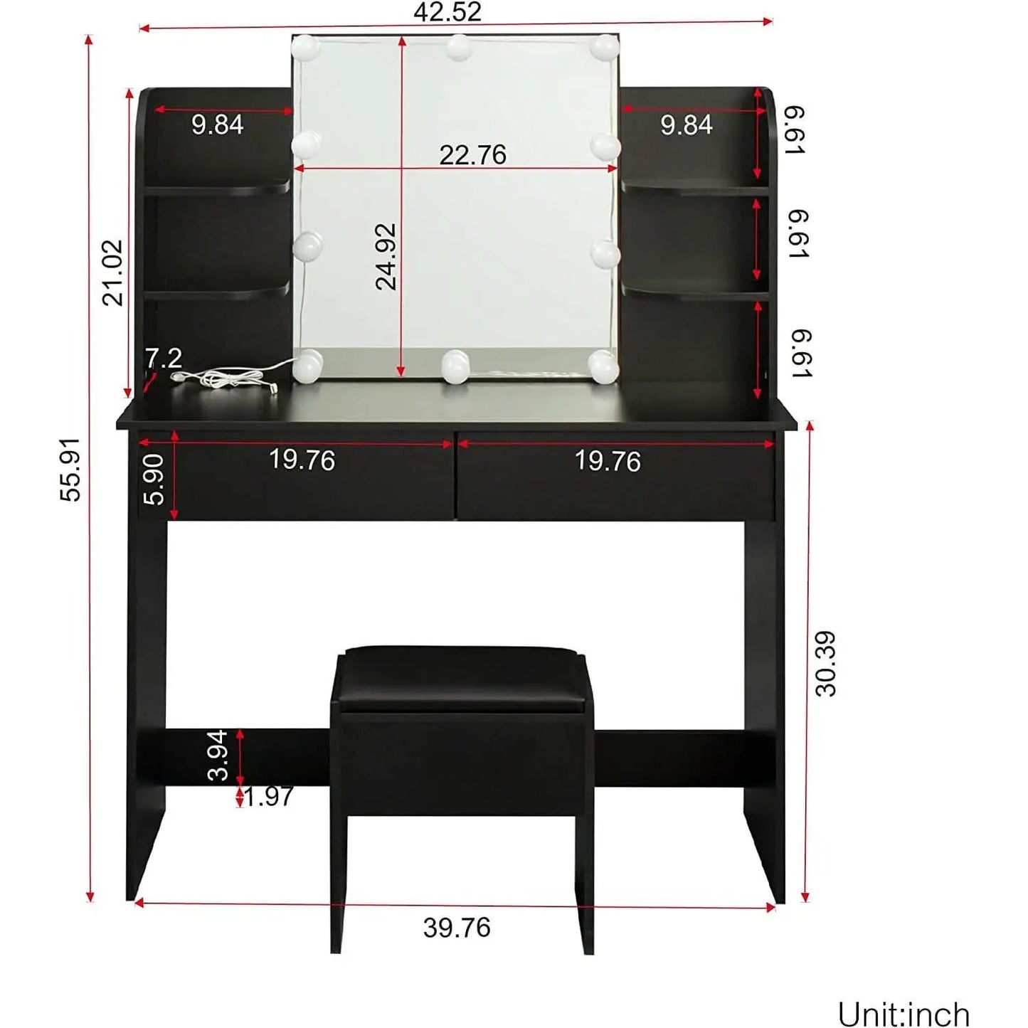 Black Vanity Set With 10 Lights For Bedroom Storage from PriceLows™