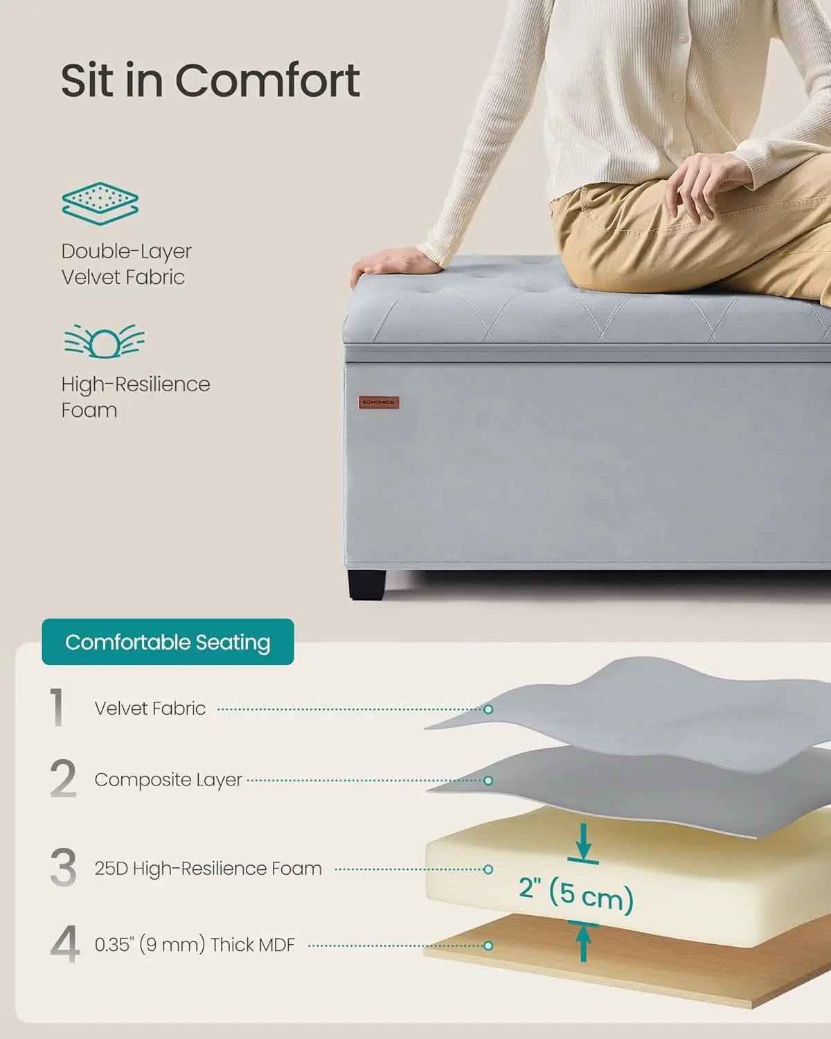Dove Gray Velvet Storage Ottoman Bench 43 Inches Length from PriceLows™