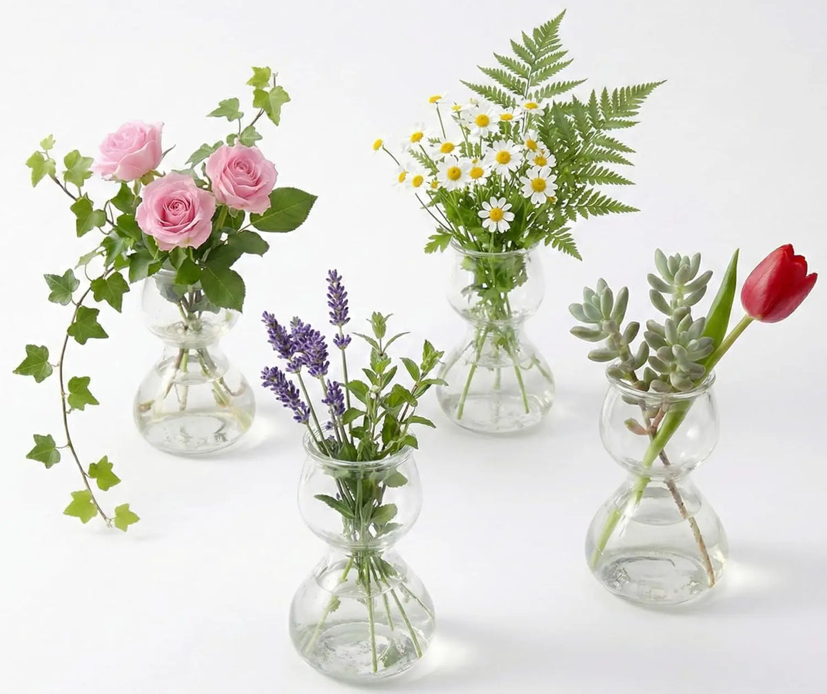 Clear Glass Bud Vases | Hourglass Shape | Propagation Design | Set of 4