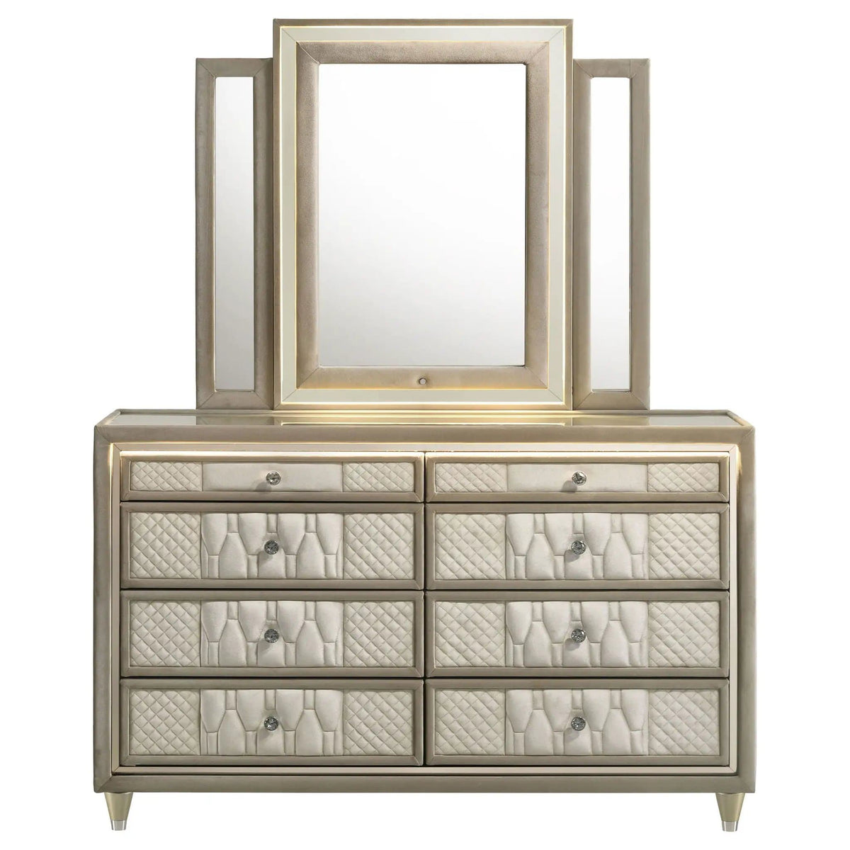 Lorient 8-drawer LED Dresser with Mirror Ivory and Camel | 60.5 x 16 x 77.75 in | Rubberwood & Velvet | Bedroom