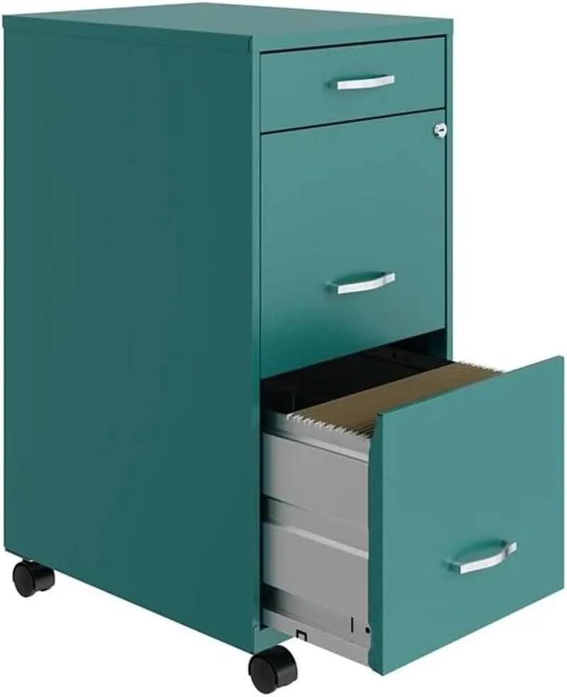 3 Drawer 29.52 Inch Turquoise Metal Filing Cabinet Lockable Preassembled for Home Office from PriceLows™