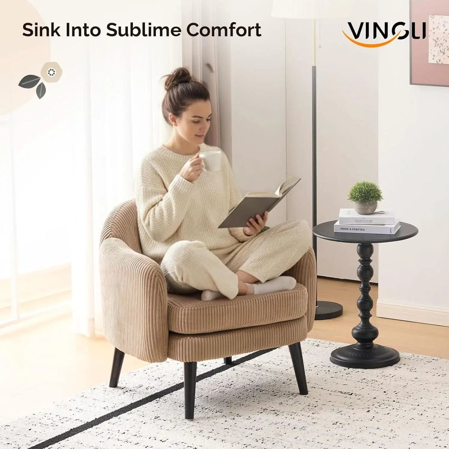 Luxurious Khaki Corduroy Barrel Chair Set 30Inches from PriceLows™